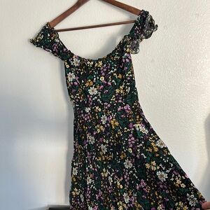 Floral Off-Shoulder Dress - Green, Yellow, Purple